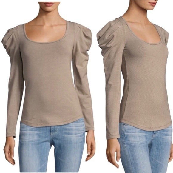Free People Penelope Tan Striped Knit Top Long Ruched Puff Sleeves Size Medium - Picture 1 of 13